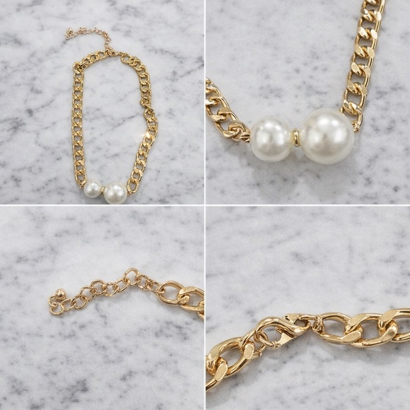 Cuban Link Pearl Choker Necklace Double Pearl Statement Chain Vintage Style - Picture 2 of 3